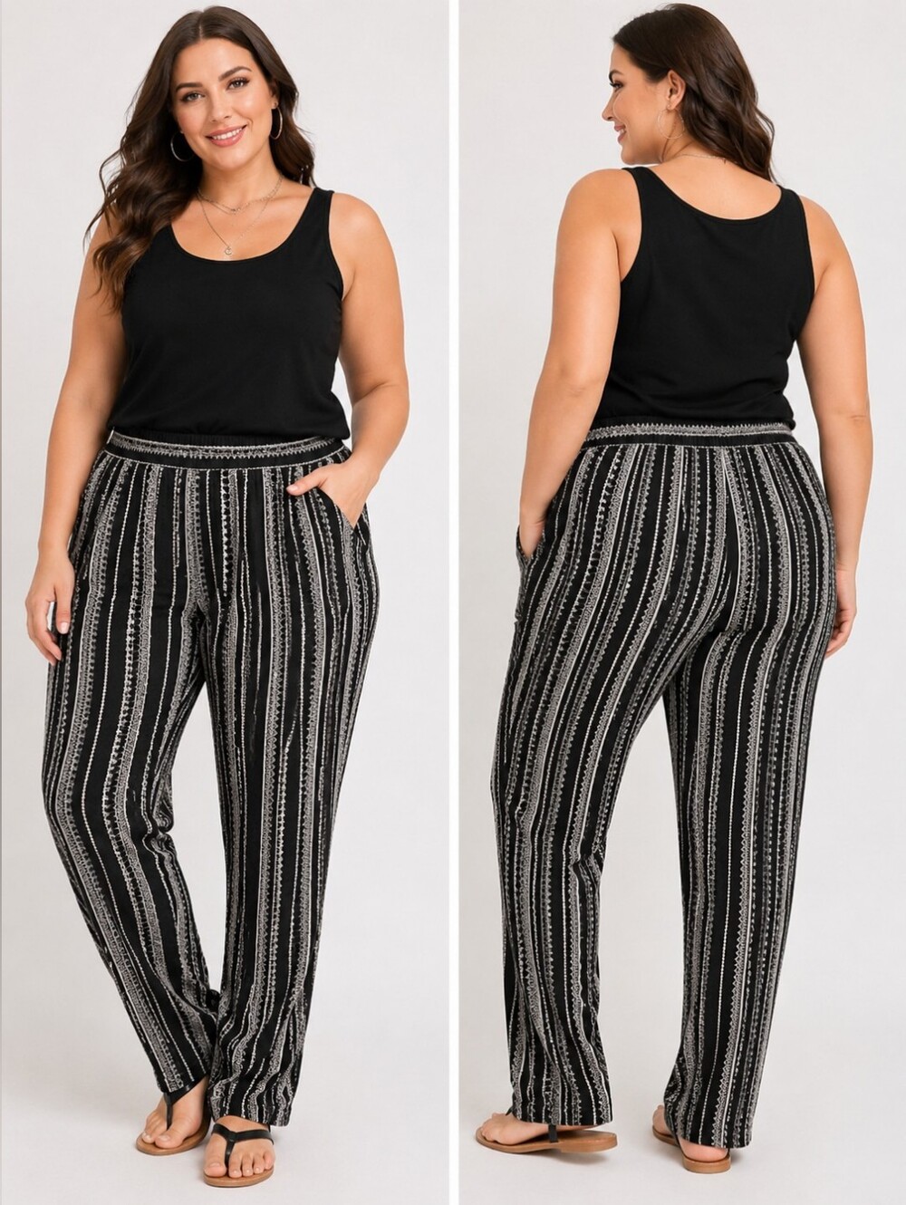 🖤 Jessica Simpson Black & Gray Boho Stripe Pull-On Pants — Large
